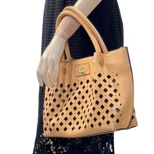KATE LANDRY Bonnie Handbag Laser Cut Leather Lined w/Brown Lucite Double Handle